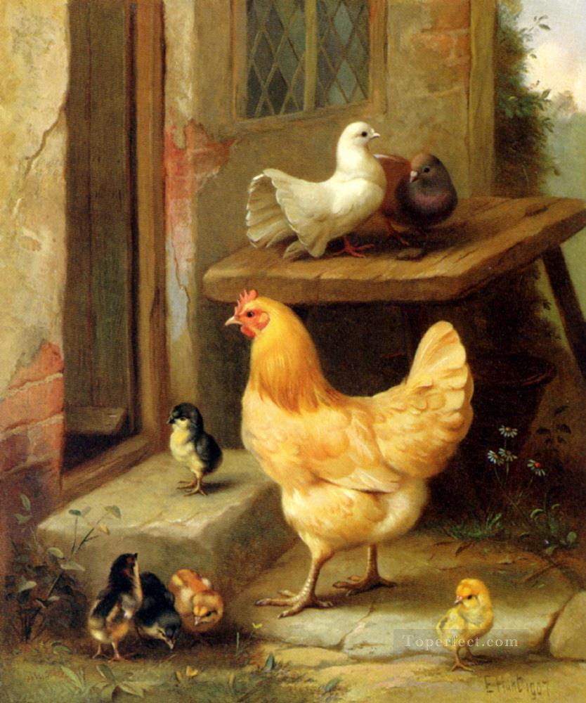 Jagd Edgar 1870 1955 Eine Henne Küken und Tauben Ölgemälde